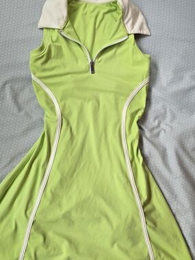 Sleeveless Lime Green Zip-Neck Mini Dress with White Trim